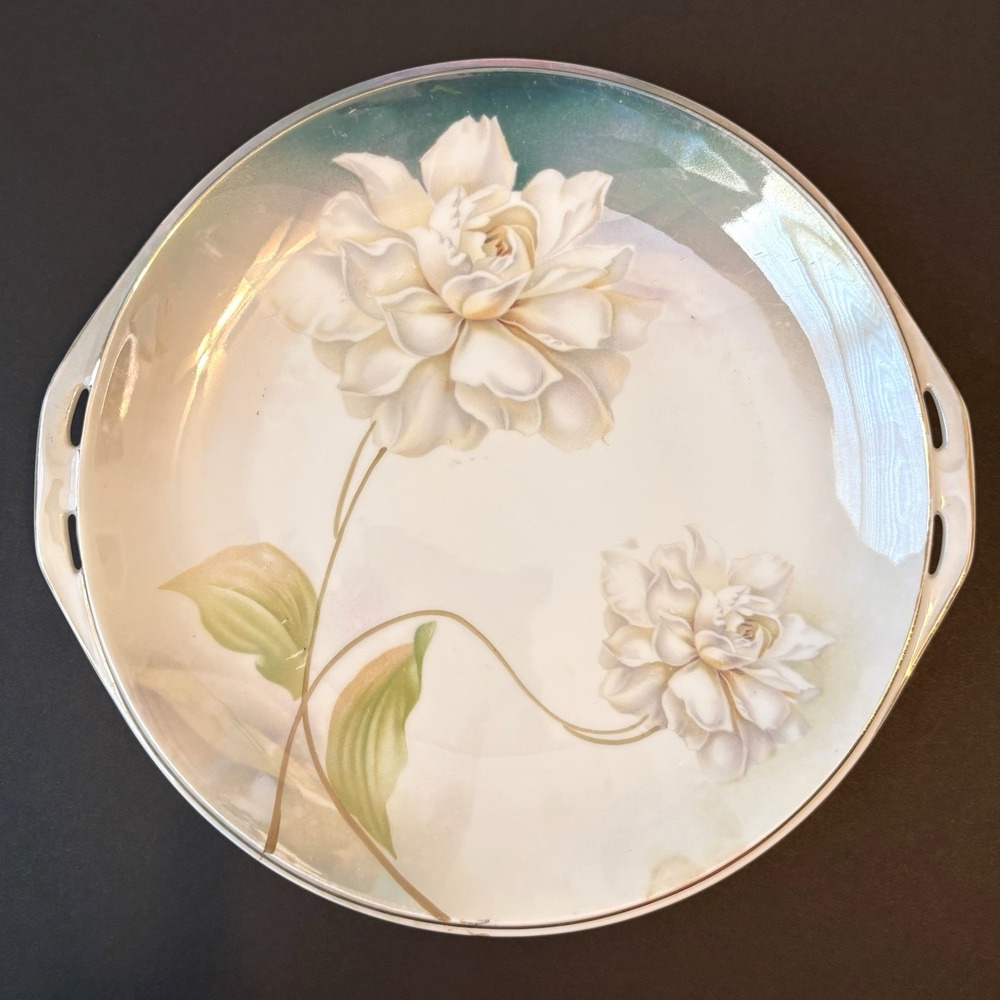 Antique RS Germany Floral Cake Plate‎ Gold Trim Handles Luster Finish